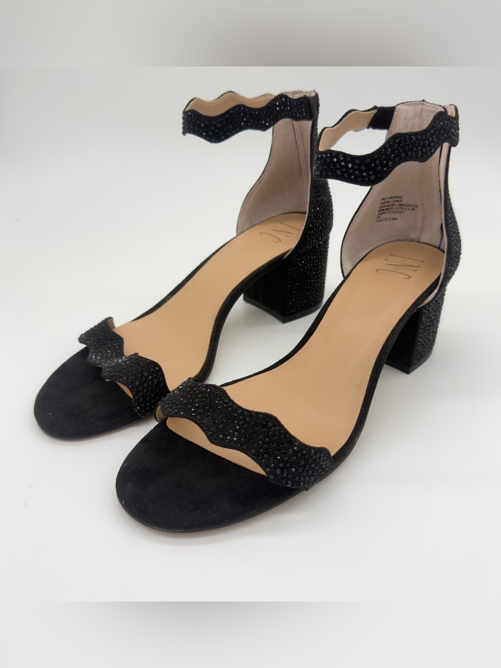 INC International Concepts Black Scalloped Ankle-Strap Block Heels